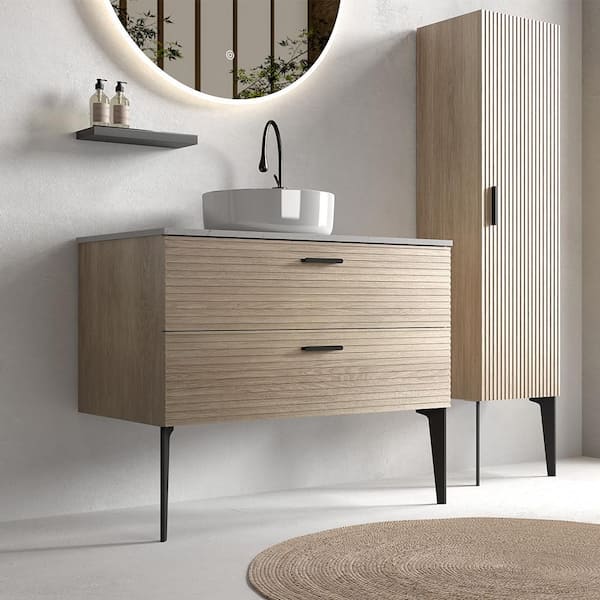 Aaby 36 in. W x 19 in. D Wall Mounted Floating Bath Vanity Cabinet in Brown with White Engineered Stone Top and Sink