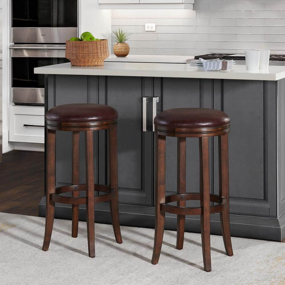 Distressed Walnut Backless Bar Height Stool with Leather Seat, Set of 2