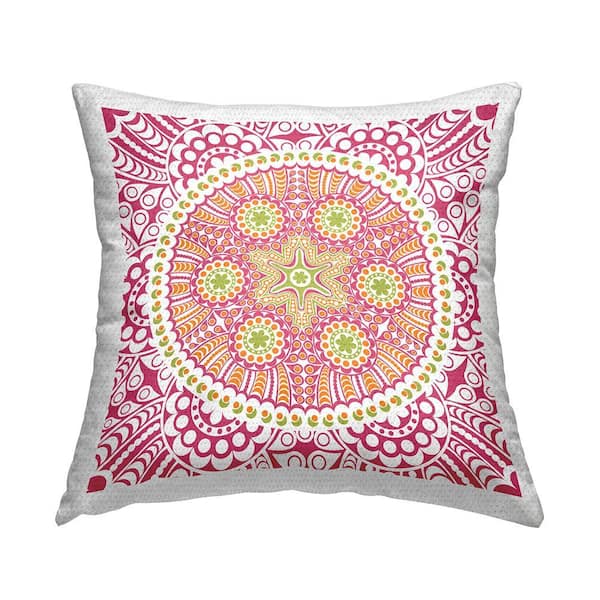 Red Detailed Mosaic Medallion Pink Square Outdoor Throw Pillow