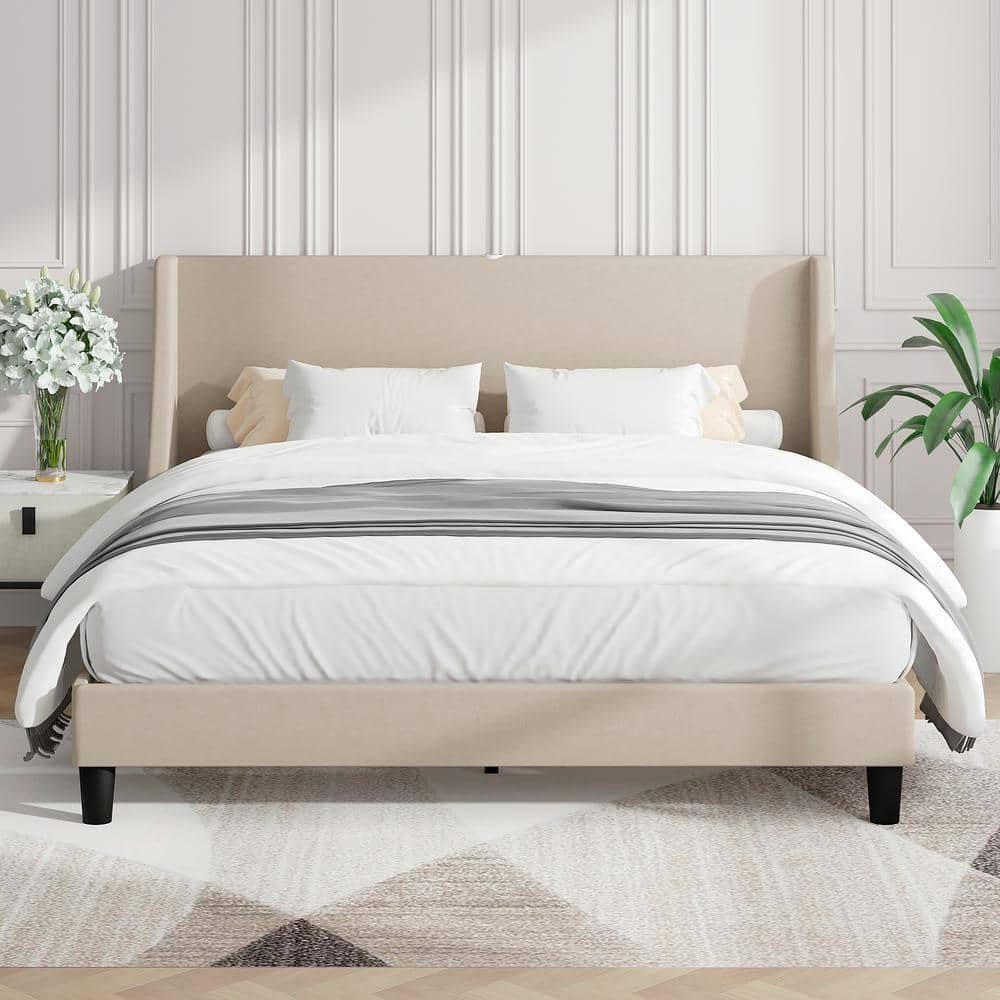 VECELO Upholstered Bed Frame With Headboard And Wingback, Beige Queen ...