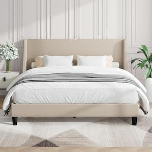 Upholstered Bed Frame with Headboard and Wingback, Beige Queen Size Bed Frame, Platform Bed with USB, and Type-C Ports
