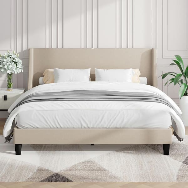 VECELO Upholstered Bed Frame with Headboard and Wingback, Beige Queen ...