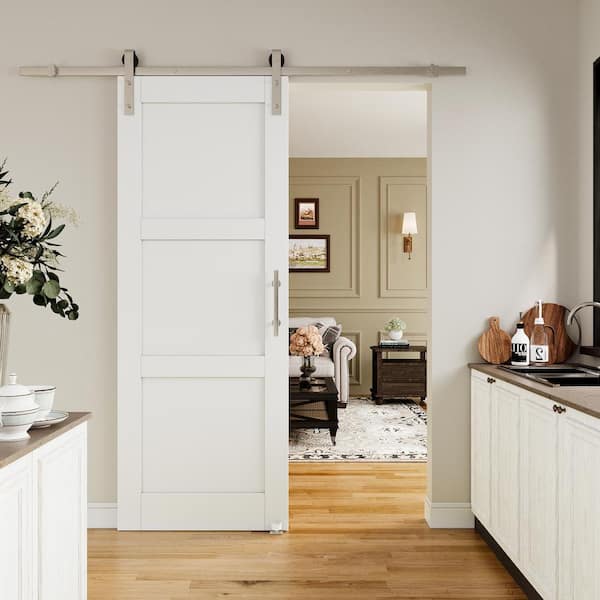 ARK DESIGN 30 in. x 80 in. White Primed 3-Lite Pattern Paneled MDF Sliding Barn Door with Hardware Kit Nickel Plated