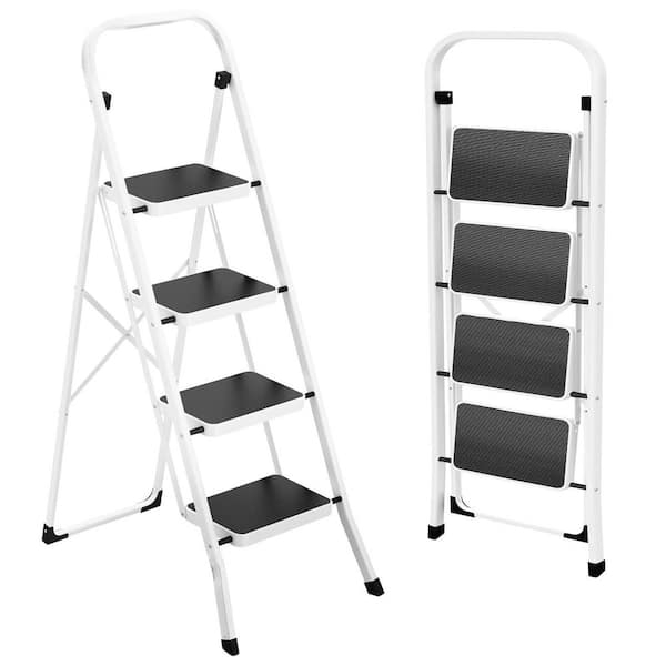 Laybus 4-Step 9.08 ft. Reach White Steel Folding Step Stool with Anti-Slip Pedal, 330 lb. Load Capacity Type IA Duty Rating
