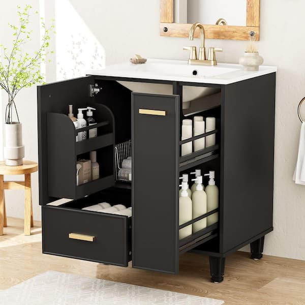 24 in. Single Sink Freestanding Black Bath Vanity with White Ceramic Top and Pull-Out Drawer Storage Cabinet Unassembled