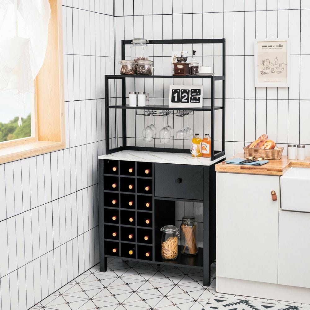 18-Bottle Black Freestanding Wine Rack Table with Glass Holder and Drawer