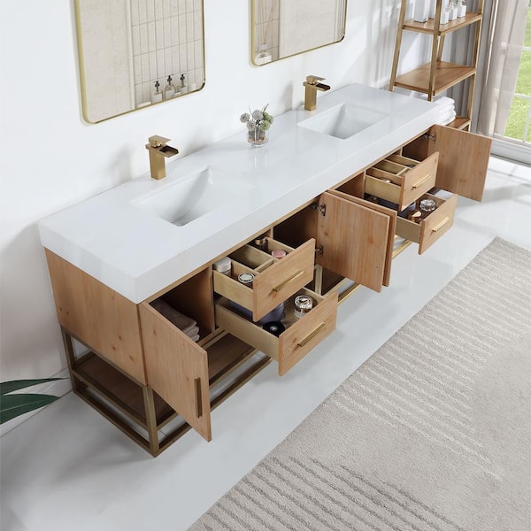 Bianco 60 Double Bathroom Vanity in Light Brown with Brushed Gold Support Base and White Composite Stone Countertop Without Mirror