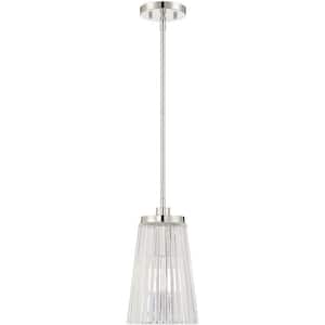 Chantilly 8 in. W x 13 in. H 1-Light Polished Nickel Statement Pendant Light with Clear Ribbed Glass Shade