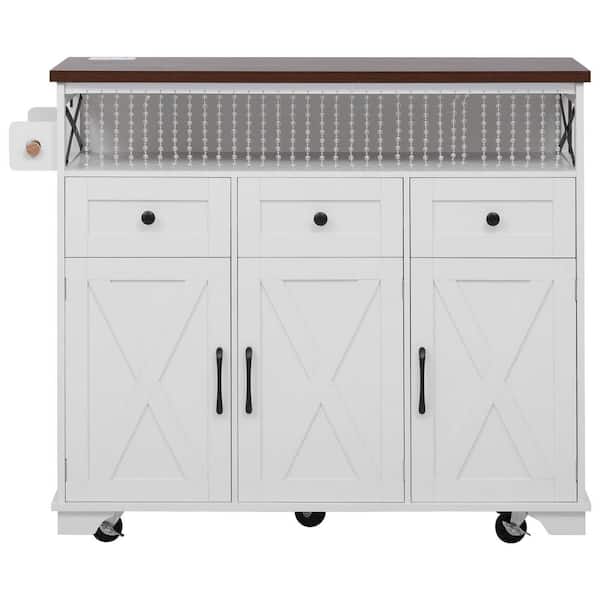 Ximuprmy White Wood 53 in. Kitchen Island with Drape of Beads, Drop Leaf, 2 Power Outlet and Storage for Kitchen and Dining Room