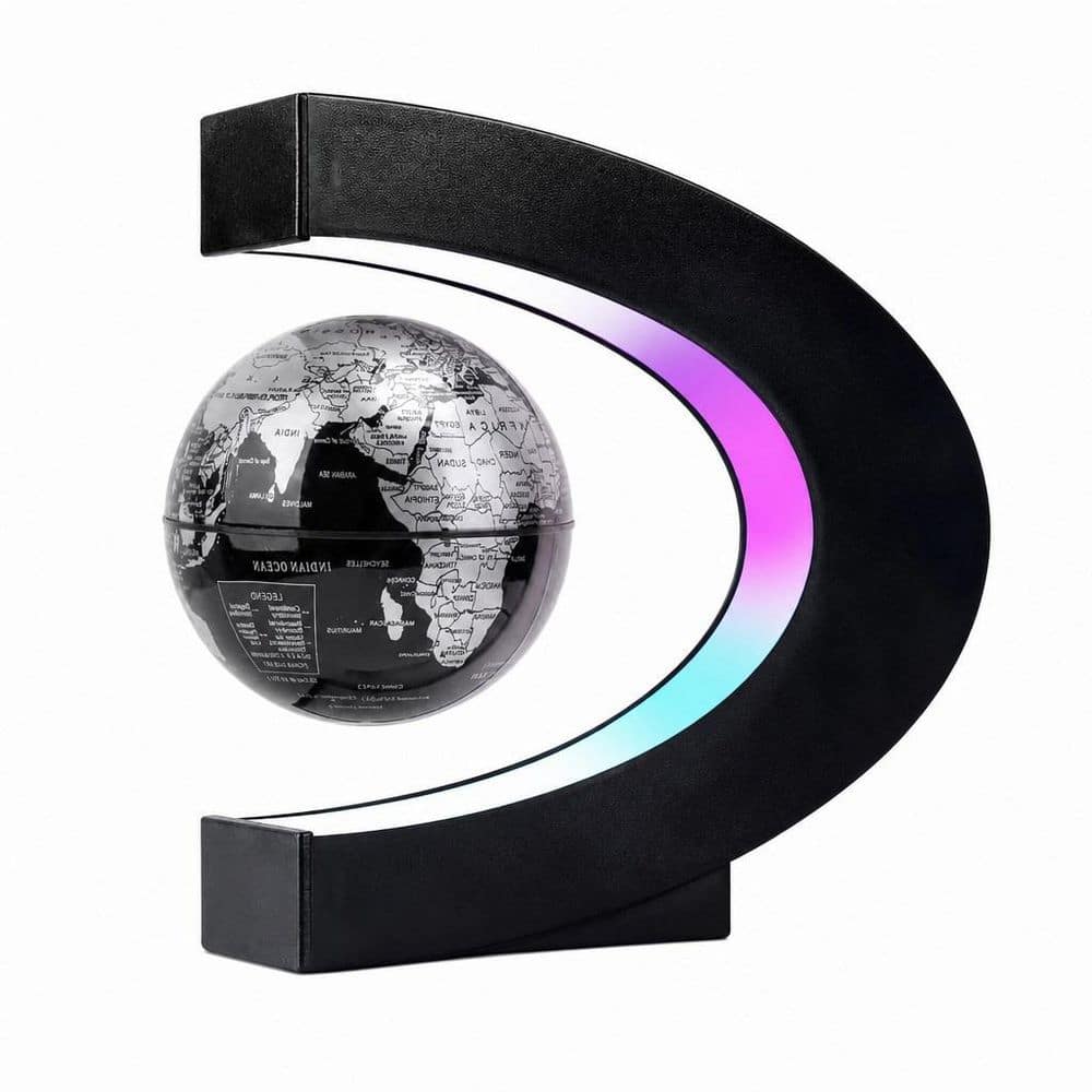 Angel Sar 7 in. x 6.8 in. C Shape Magnetic Levitation Floating Globe with LED Lights, Anniversary Item for Desk Decor, Black