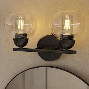 13 in. 2-Light Black Bathroom Vanity Light With Clear Glass Shade