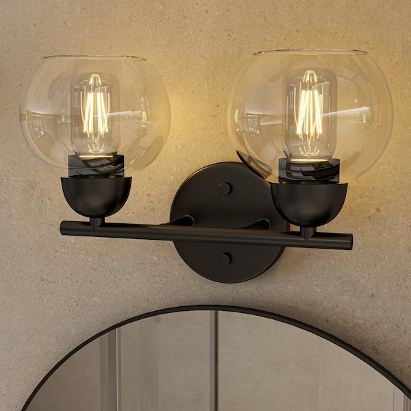 13 in. 2-Light Black Bathroom Vanity Light With Clear Glass Shade