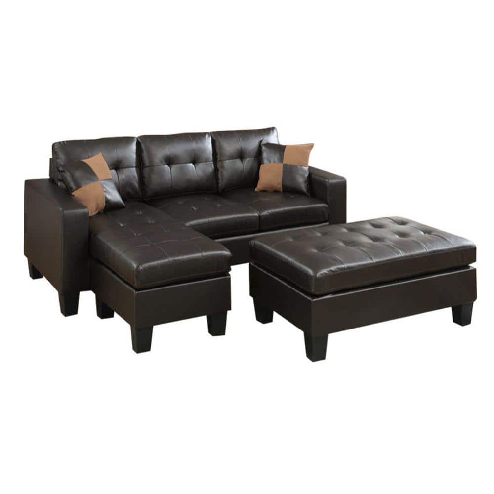 Benjara 2-Piece Espresso Brown Bonded Leather 4-Seater L-Shaped ...