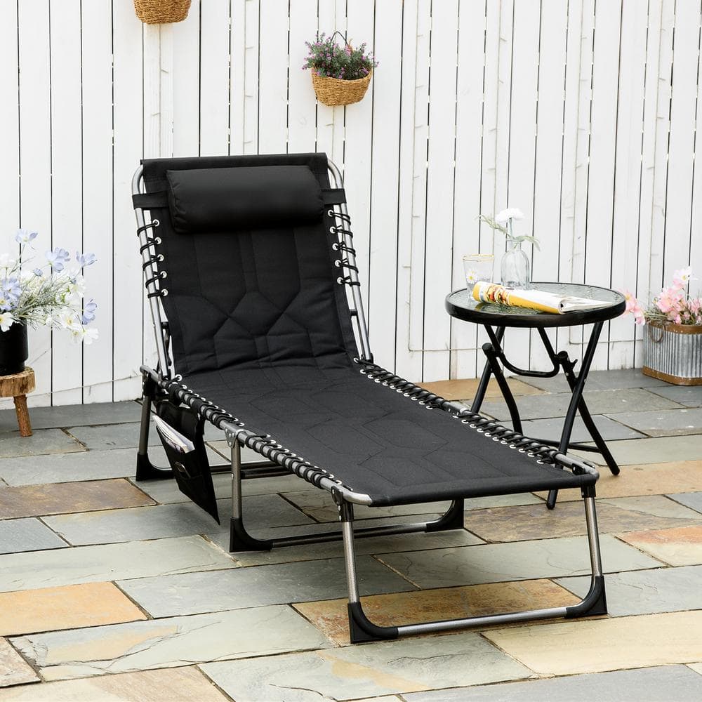 Metal Outdoor Folding Chaise Lounge Chair Foldable Patio Recliner with Pill