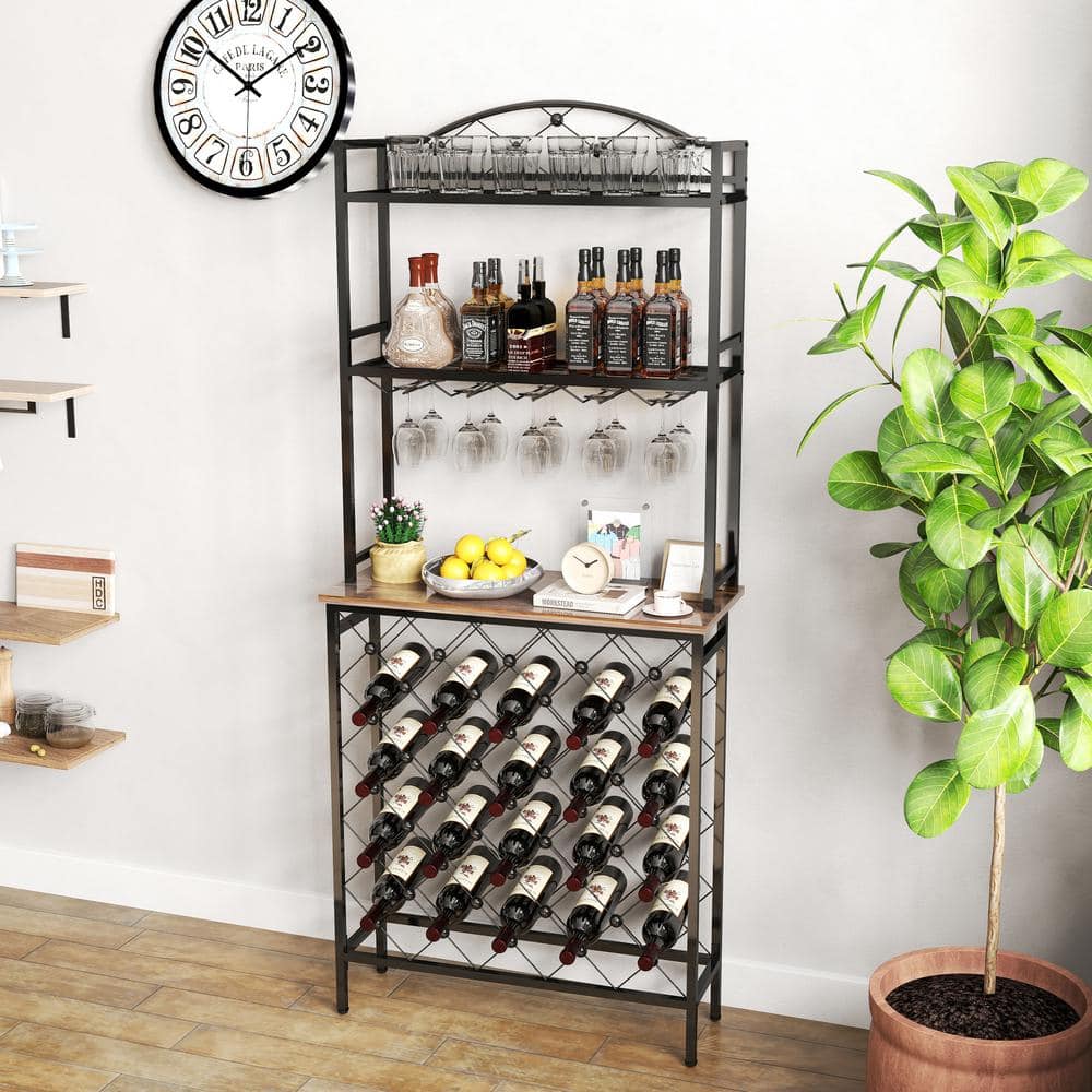 20-Bottle Wine Rack Bar Table, 3-Tier Liquor Bottle and Glass Holder with S