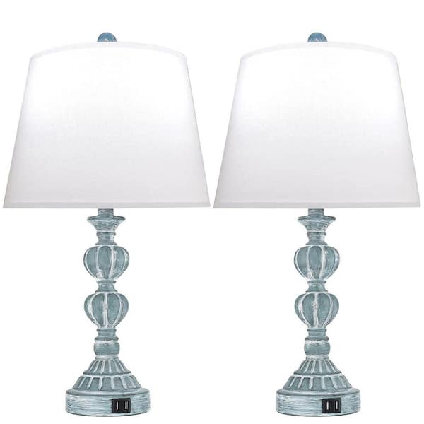 23 in.Modern Touch Table Lamp Set of 2, 3-Way Dimmable with USB Ports, Blue Resin Lamp with White Linen Shade