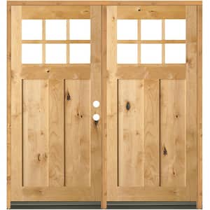 64 in. x 80 in. Craftsman Knotty Alder Left-Hand/Inswing Double 6-Lite Clear Glass Clear Stain Wood Prehung Front Door