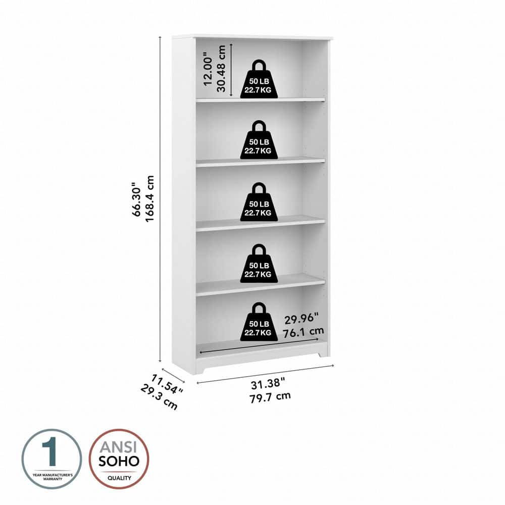 Cabot Tall 5-Shelf Adjustable White Bookcase Organizer