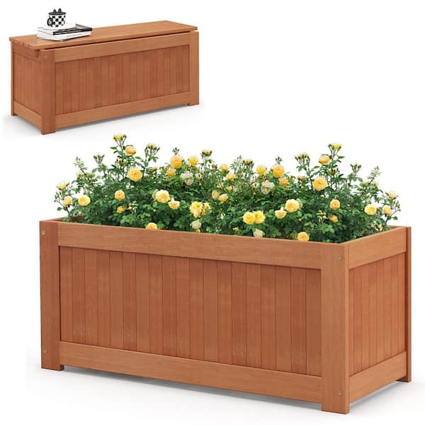 Gymax 38 in. x 18 in. Hardwood Outdoor Planter Box with Seat 2-in-1 Wooden Raised Garden Bed and Bench