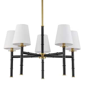 Bamknot 5 Light Stain Black and Aged Brass Gold Traditional Candlestick Chandelier with Fabric Shades for Dining Room