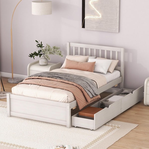 Qualler White Washed Wood Frame Twin Size Platform Bed with 2-Drawers