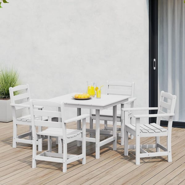 Shoreside 5-Piece All Weather HDPE Plastic Outdoor Patio Dining Set w/ Armchairs, White