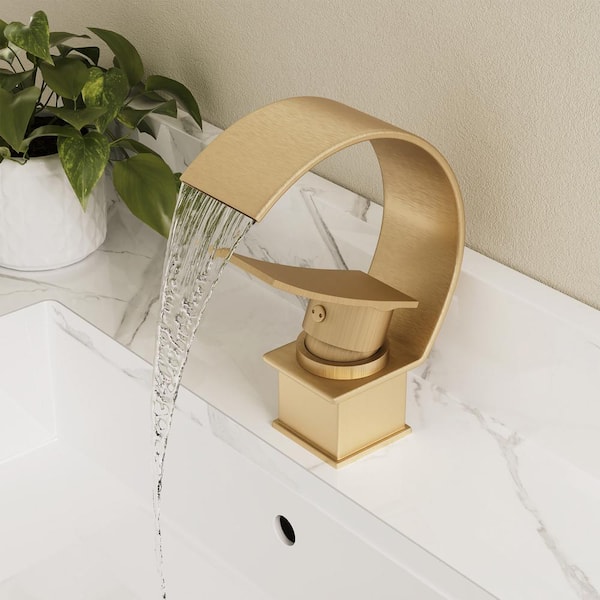 Single Handle C Arc Spout Single Hole Bathroom Sink Faucet with Pop-up Drain in Brushed Gold
