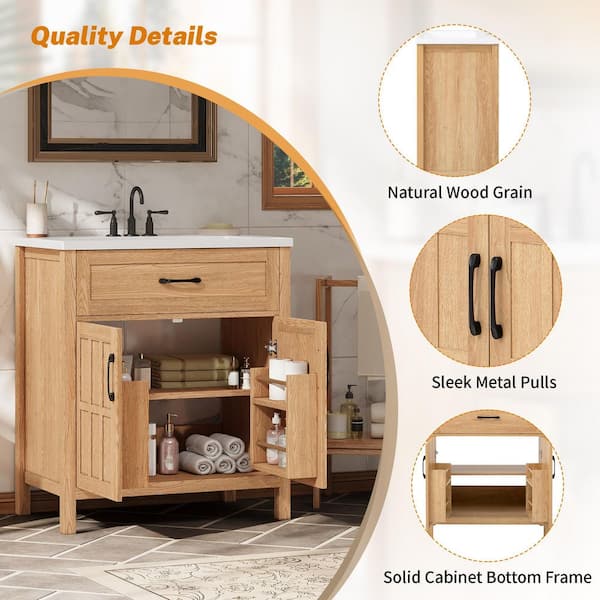 LuckByte 30 in.Natural Wood Rectangle Vessel Sink Bathroom Vanity