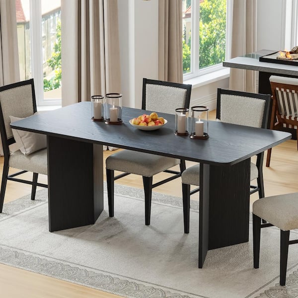 NEUTYPE Brix Modern Rectangle Black Wood Top 67 in. Double Pedestal Base Dining Table Seats 6