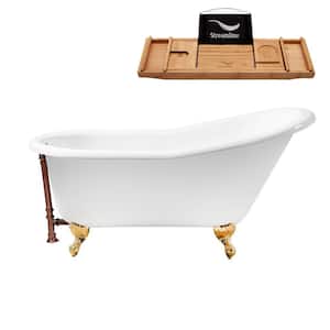 60 in. Cast Iron Clawfoot Non-Whirlpool Bathtub in Glossy White, Matte Oil Rubbed Bronze Drain, Polished Gold Clawfeet