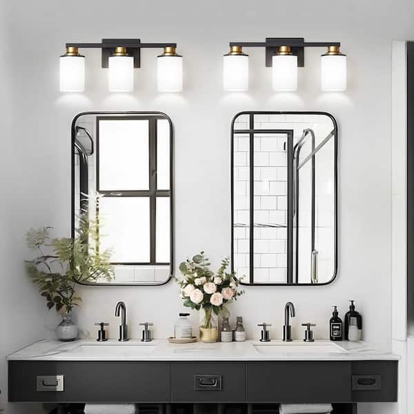 20 in. 3-Light Black and Gold Vanity Light with Milky White Glass Shades, Wall Sconce for Bathroom