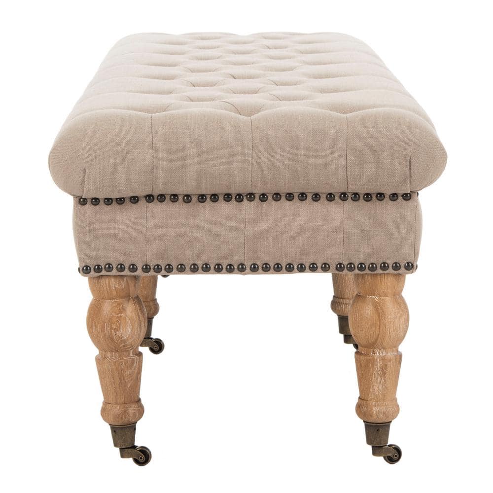 Taupe Linen-Poly Blend Bench with Turned Oak Legs