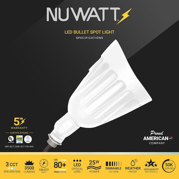 25W Outdoor White Integrated LED Bullet Light, 3-Color Selectable, Weatherproof Landscape Lighting, Dimmable, 120-277V