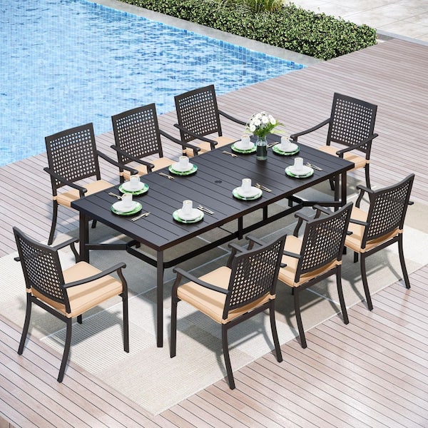 9-Piece Metal Patio Outdoor Dining Sets with Beige Cushions