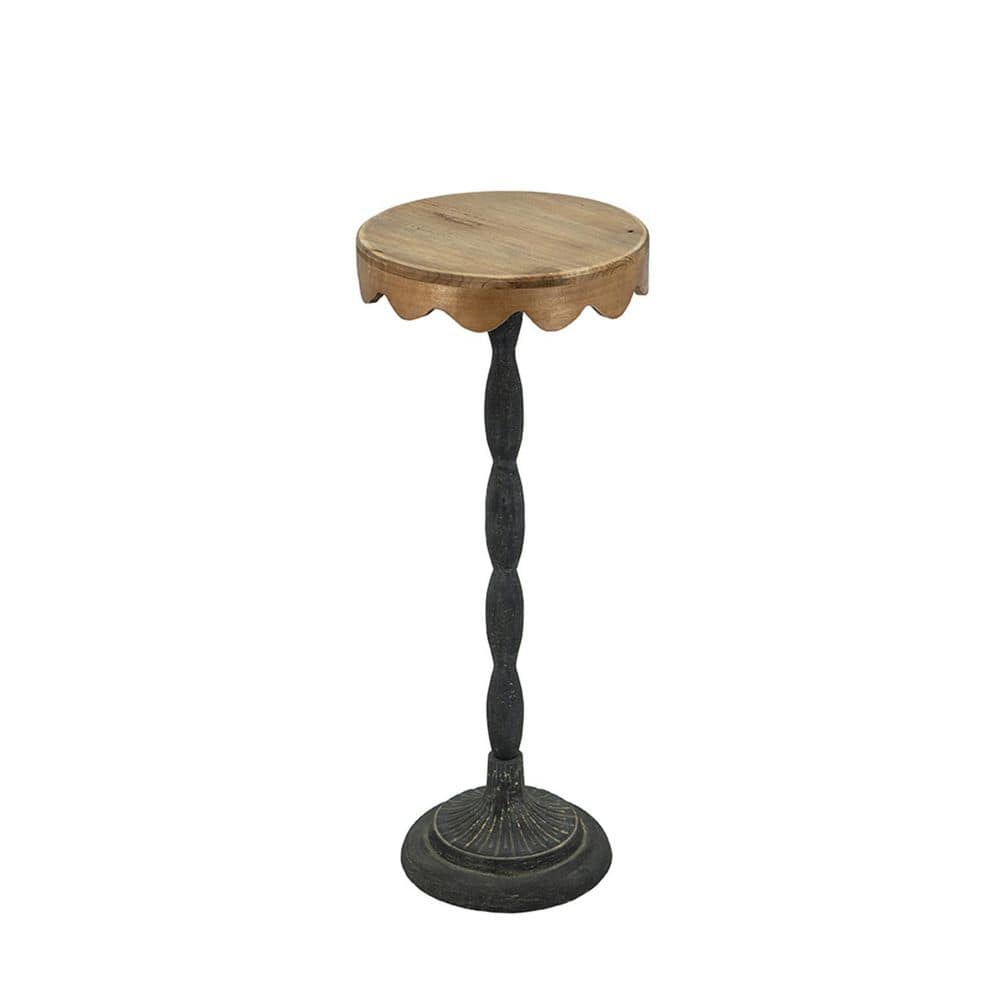 25 in. Black Iron Outdoor Side Table with Scalloped Brown Wooden