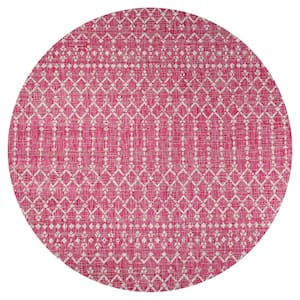 Ourika Moroccan Geometric Textured Weave Fuchsia/Light Gray 5 ft. Round Indoor/Outdoor Area Rug