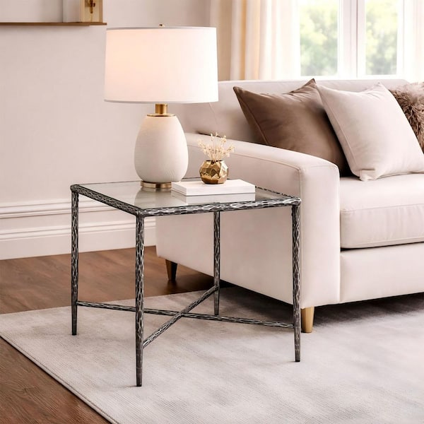 23.6 in. Gungray Square Metal End Table with Tempered Glass Top