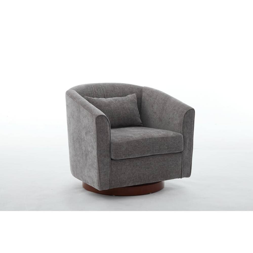 Gray Chenille Swivel Barrel Accent Chair with Wood Base