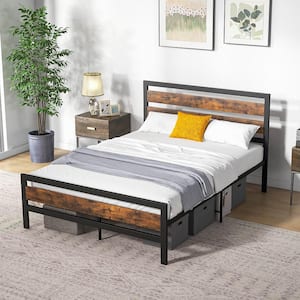 Rustic Brown Plus Black Industrial Metal Frame Full Platform Bed Rustic Headboard Mattress Foundation