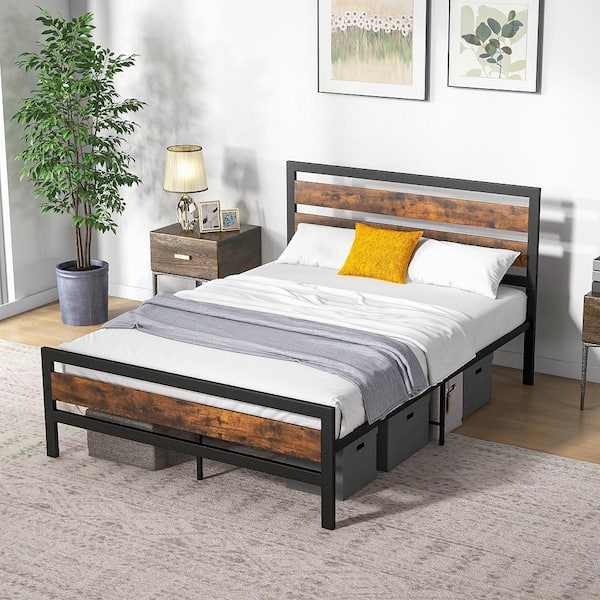 Rustic Brown Plus Black Industrial Metal Frame Full Platform Bed Rustic Headboard Mattress Foundation