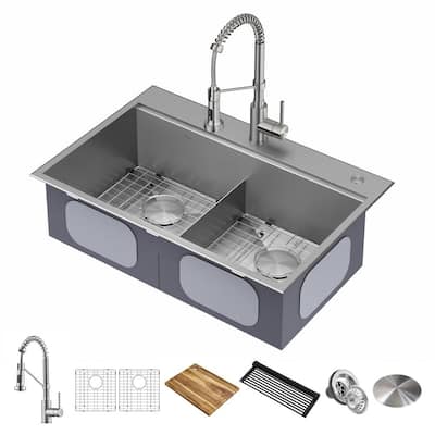 Loften Stainless Steel 18 Gauge 33 in. Double Bowl Drop-In Workstation Kitchen Sink and Faucet with Accessories