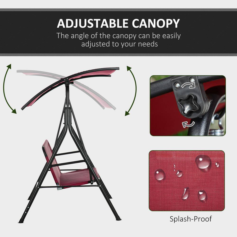 Wine Red Steel Frame 3-Person Patio Swing with Adjustable Canopy