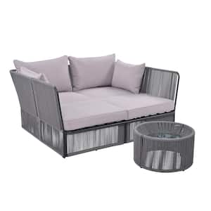 2-Piece Metal Outdoor Day Bed and Coffee Table Set, Double Loveseat Daybed with Gray Cushions and Tempered Glass Table