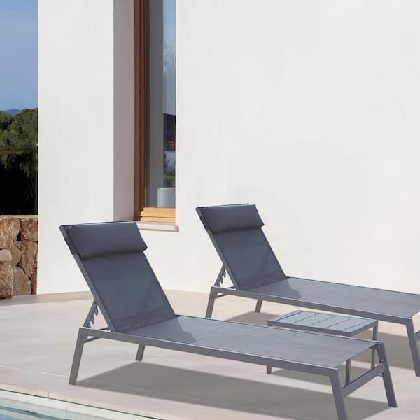 Tenleaf 3-Piece Gray Metal Outdoor Chaise Lounge with Adjustable Backrest, Headrest, 1 Table