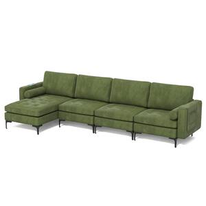 127 in W Armrest Modular L-Shaped Suede Fabric Sectional Sofa with Reversible Chaise and 4 USB Ports Army Green