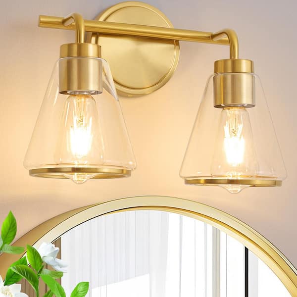 Deyidn Modern 14 in. 2 Light Gold Vanity Light with Glass Shade with Metal Ring, Dimmable Sconces Wall Lighting for Bathroom