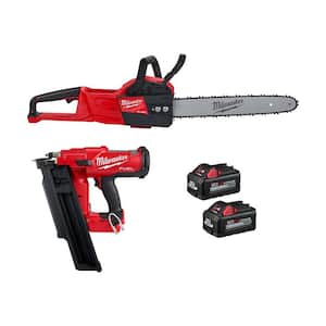 M18 FUEL 16 in. 18V Brushless Battery Electric Chainsaw w/3-1/2 in. 21-Degree Framing Nailer, Two 6Ah HO Batteries
