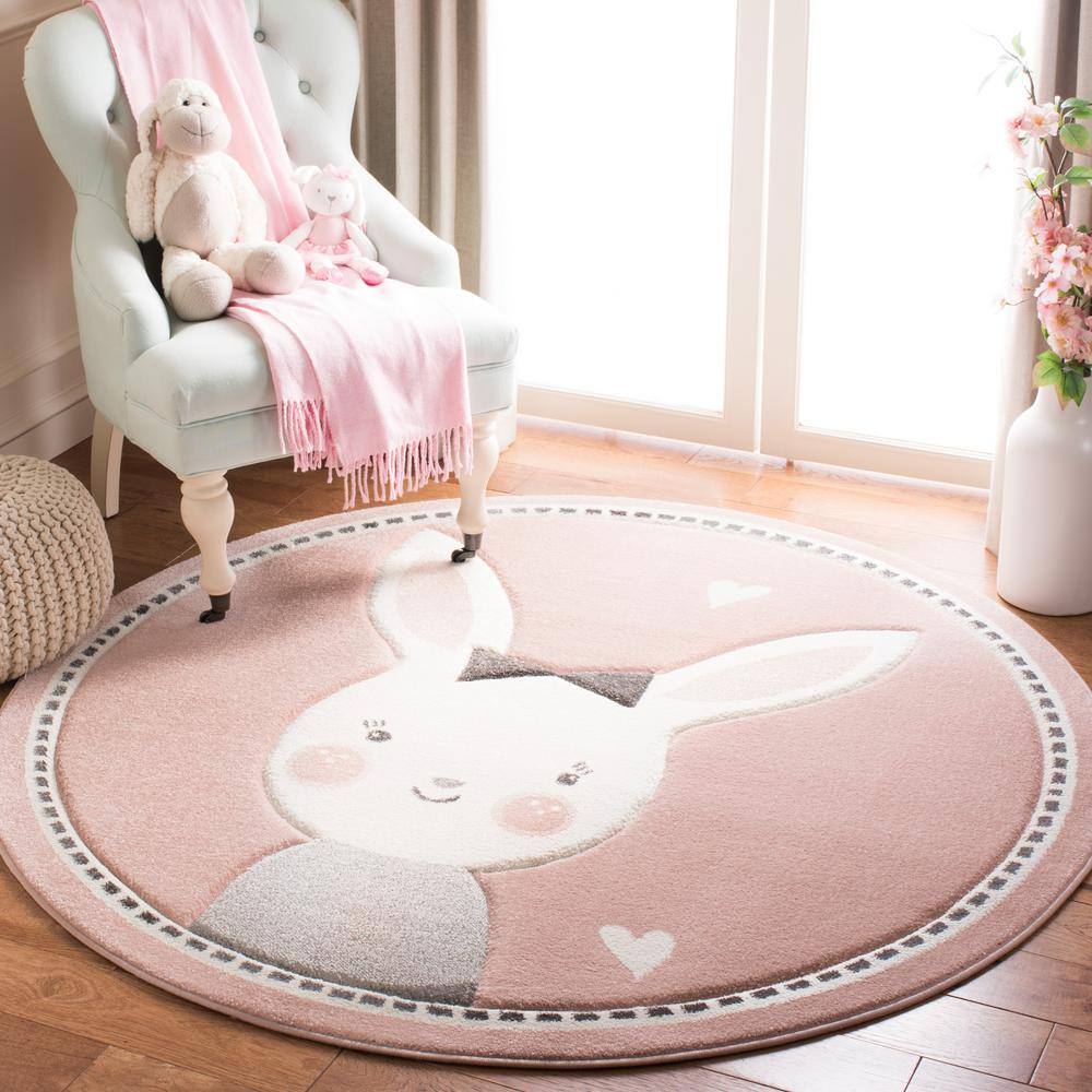 Enchanted Ivory Pink Round Synthetic Kids Play Rug - 5'3"