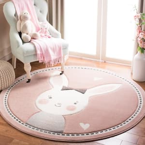 Carousel Kids Pink/Ivory 5 ft. x 5 ft. Round Solid Border Area Rug
