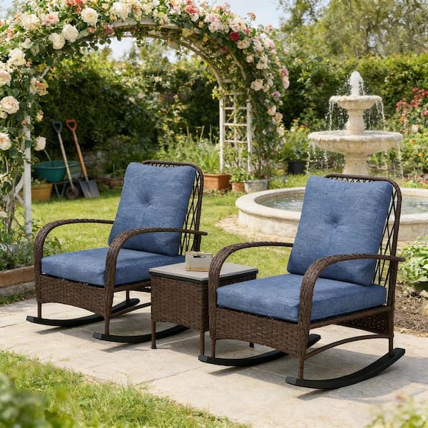Brown 3-Piece All-Weather Wicker Outdoor Bistro Set Patio Rocking